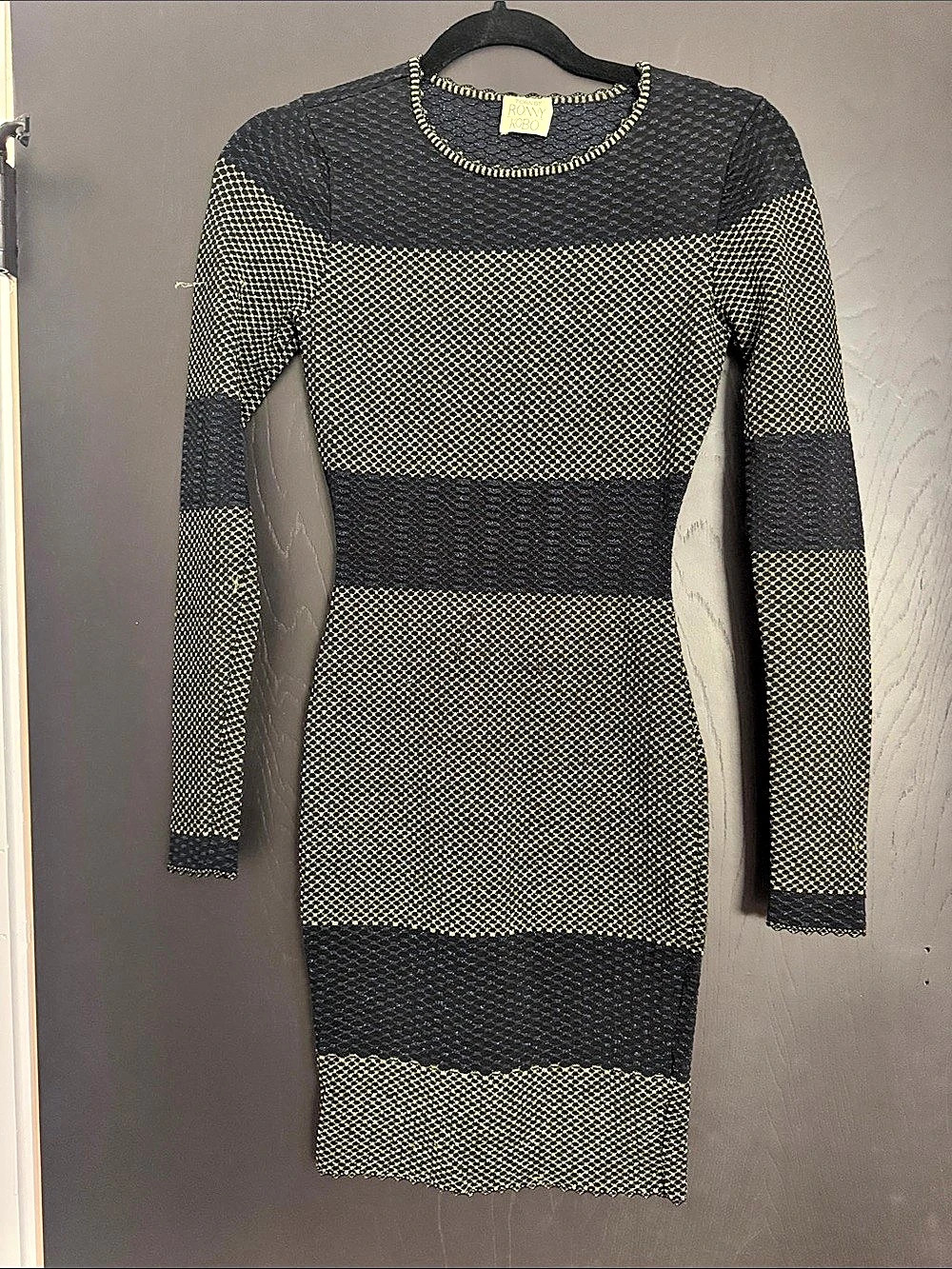 Ronny Kobo Geometric Knit Mini Dress in Black & Greenish Gold Size Small